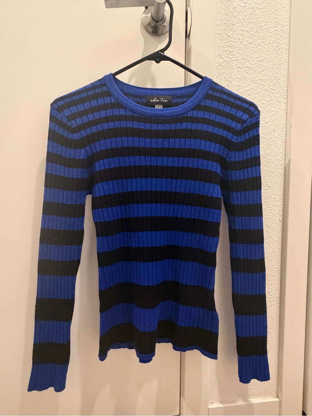 Melissa Paige Blue and Black Striped Ribbed Long Sleeve Top